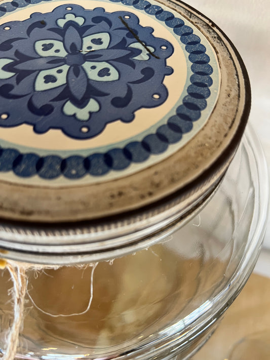 vintage glass jar with delft lid